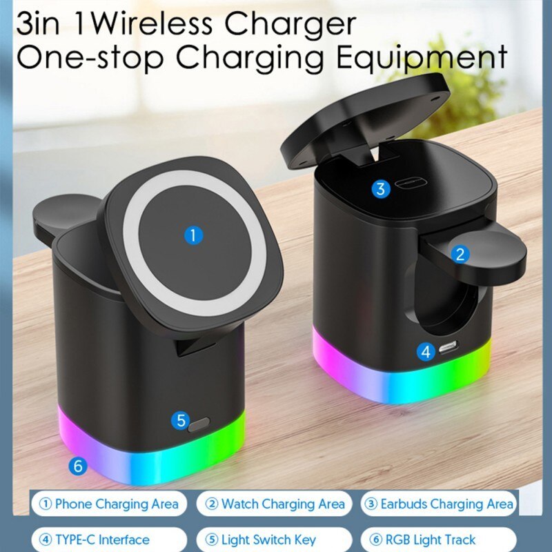 3 in 1 wireless charging station with phone, watch, earbuds charging areas and RGB ambient light