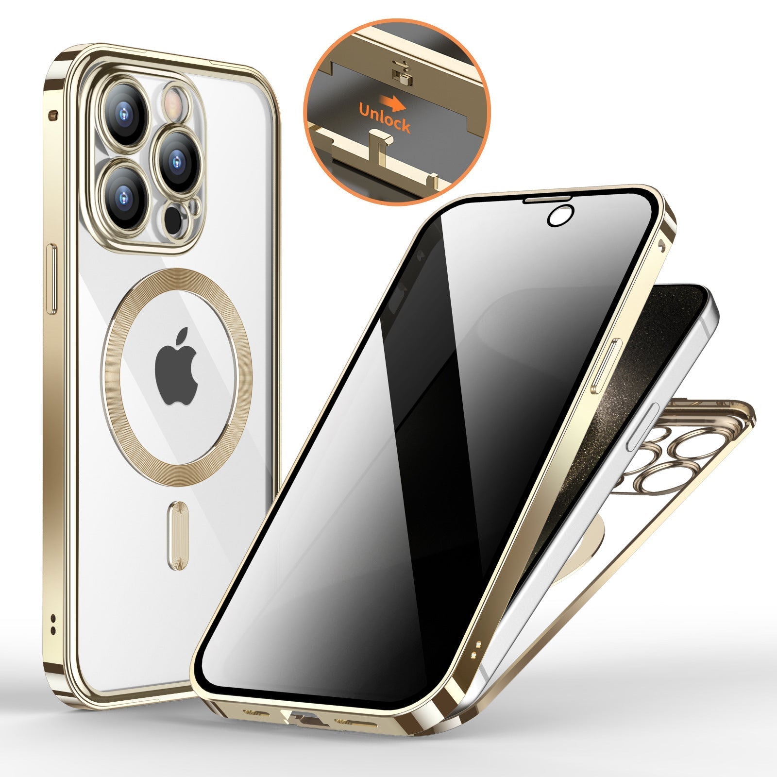 Anti-Privacy Metal Buckle wireless charging phone case with double-sided lens and full cover protection for iPhone models
