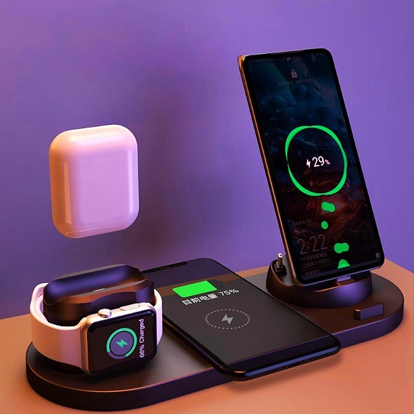 6 in 1 wireless charger for iPhone fast charging pad for phone, watch, and earbuds docking station